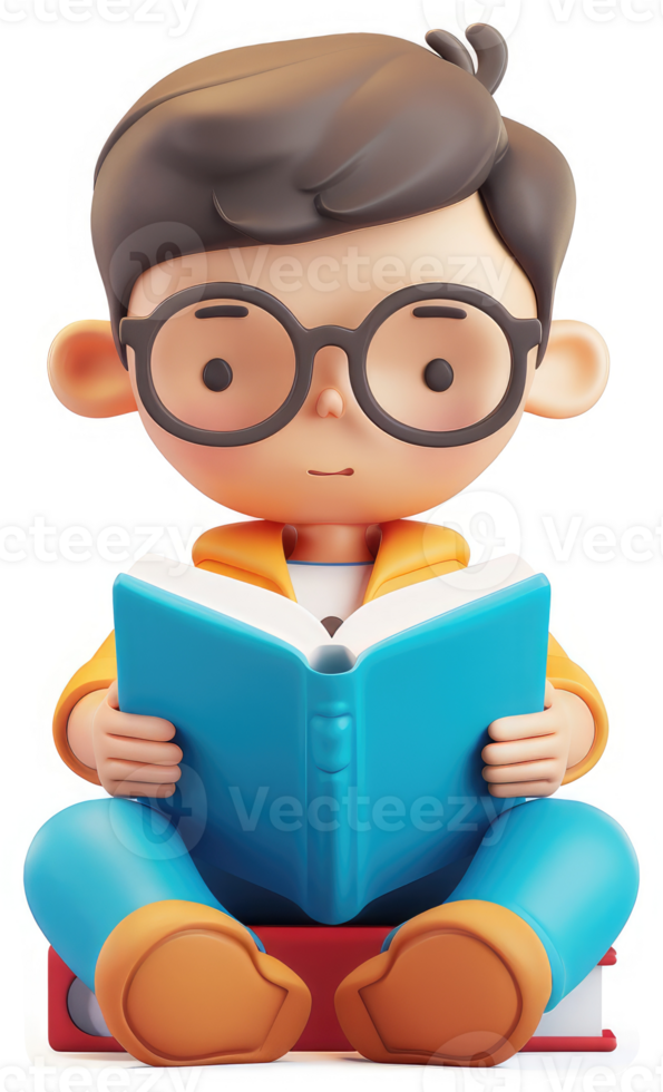 A cartoon boy engrossed in reading a book. png