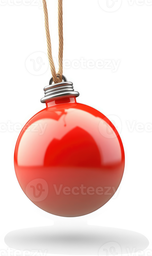 Ornate red christmas ornament suspended by string. png