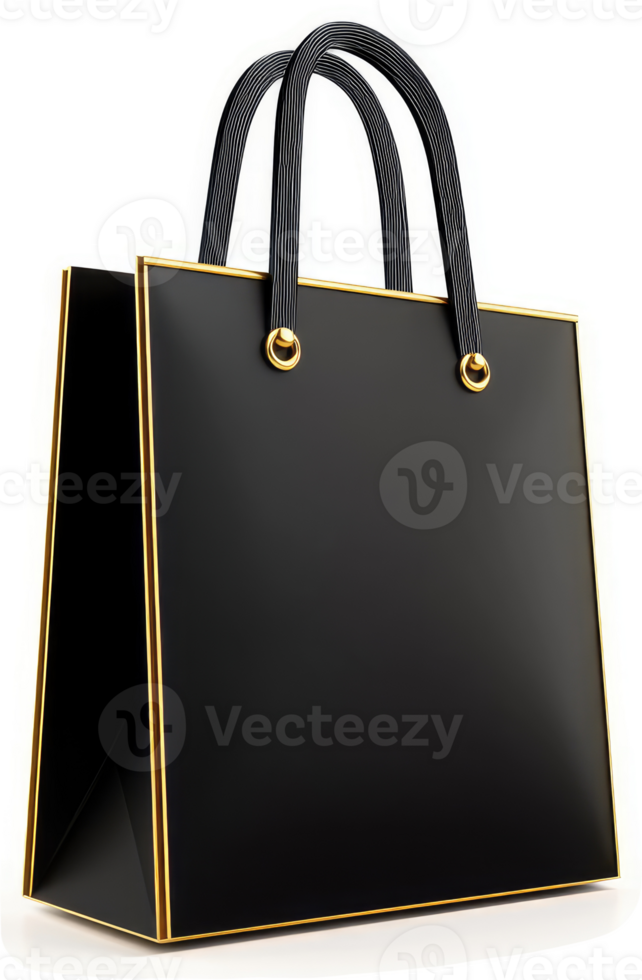 Empty black shopping bag with gold trim. png