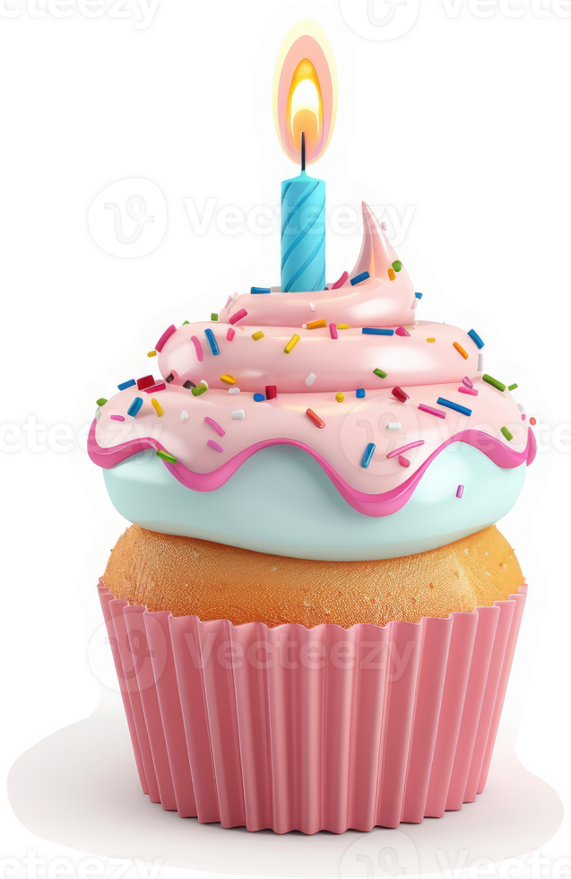 Delicious pink cupcake with frosting and candle. png