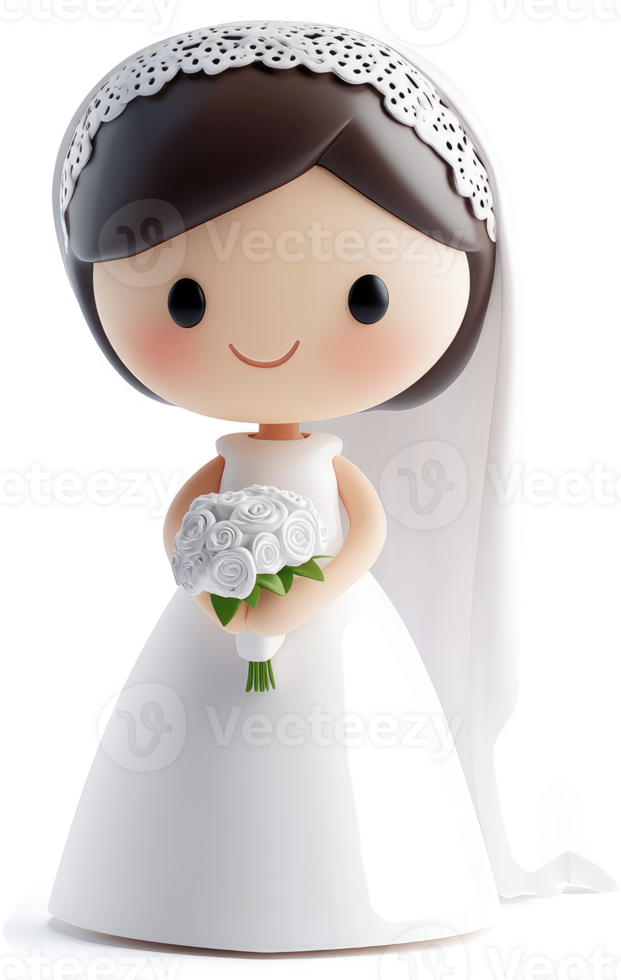 Smiling bride figurine, holding a bouquet of flowers. png