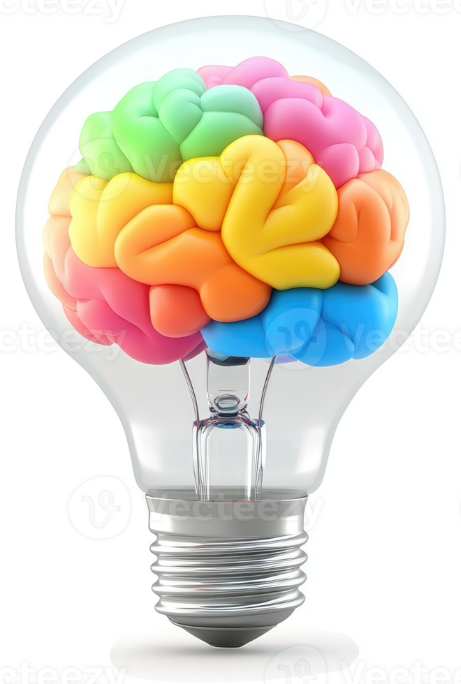 Colorful brain within a lightbulb symbolizes innovative thinking. png