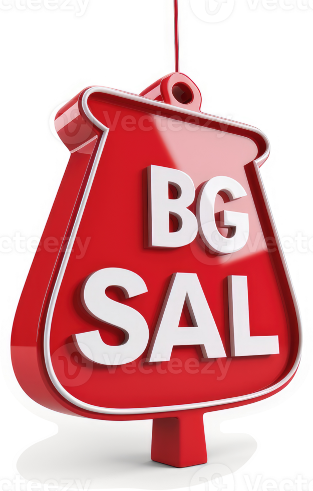 Hanging red sale sign displays big discounts. png