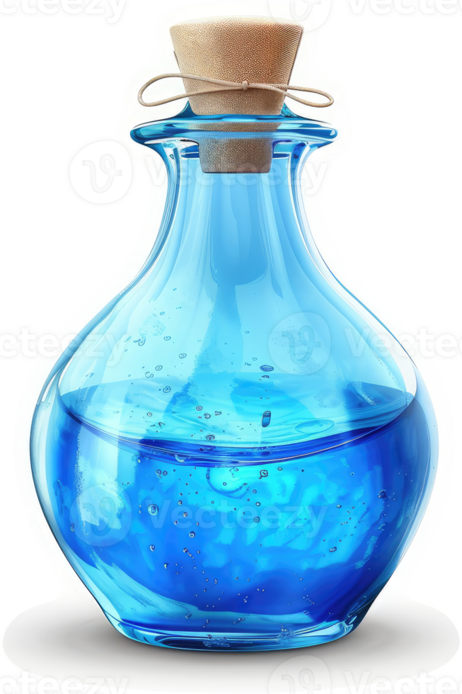 Mystical blue potion in a glass bottle png