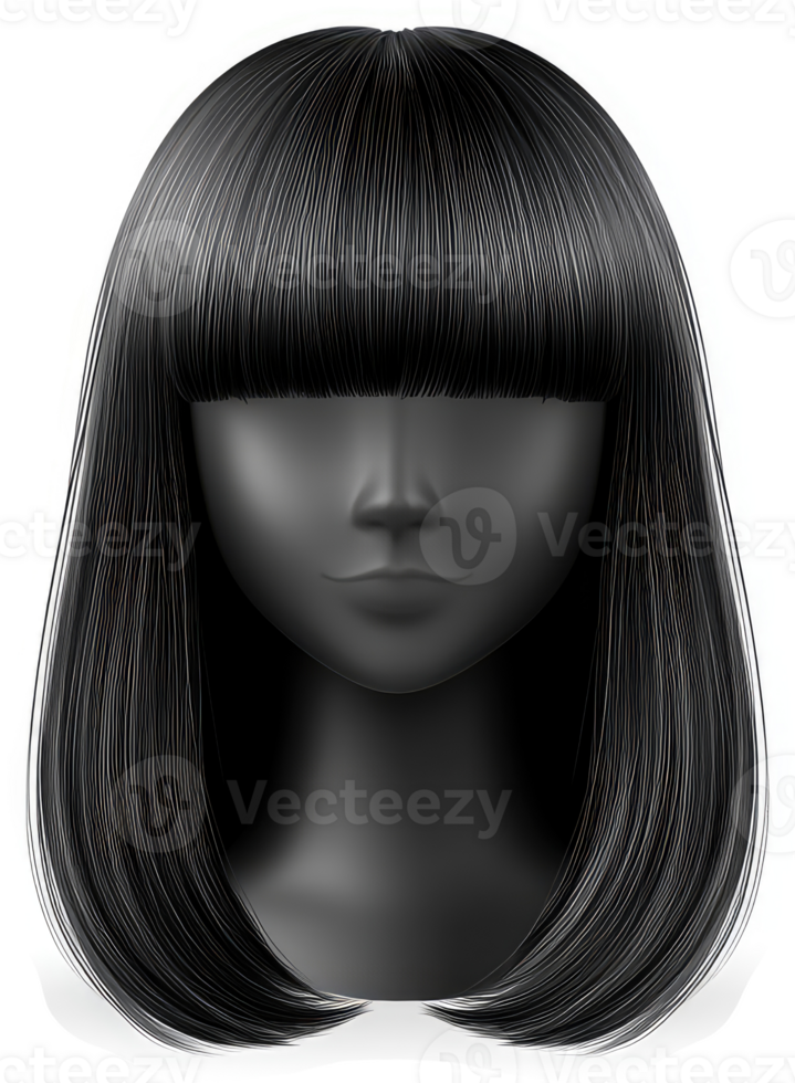 Stylish bob haircut with bangs on a mannequin head. png