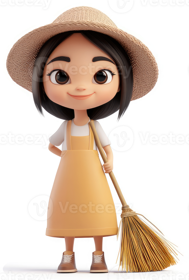 Smiling cartoon girl in straw hat and overalls holding a broom. png