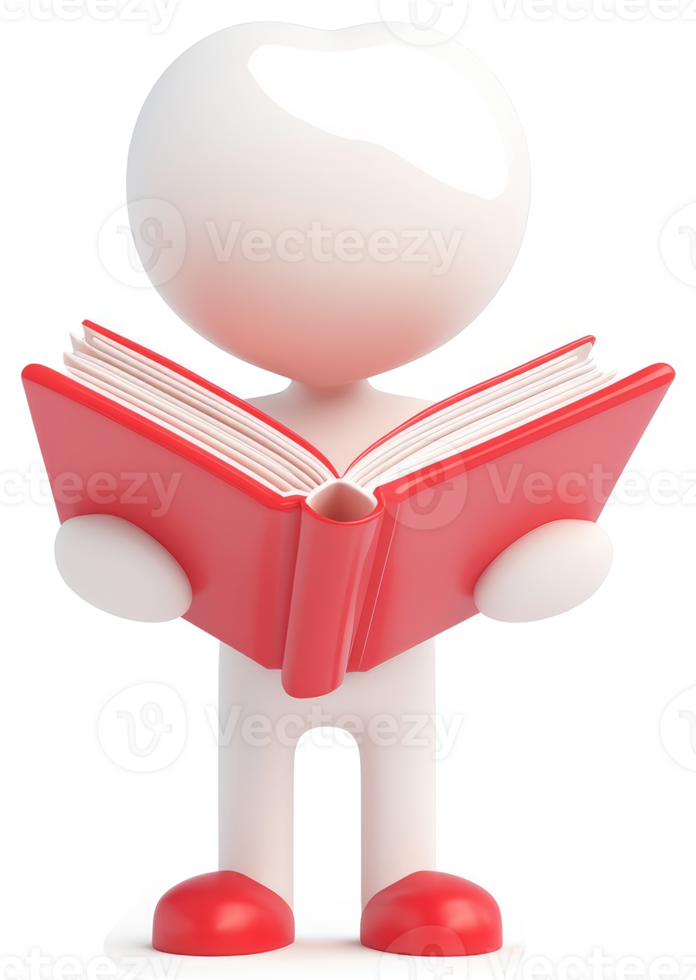 3d figure reads an open red book. png