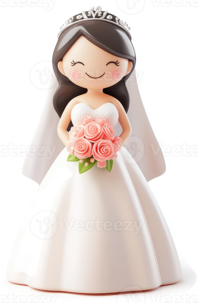 Smiling bride figurine with a tiara and bouquet. png
