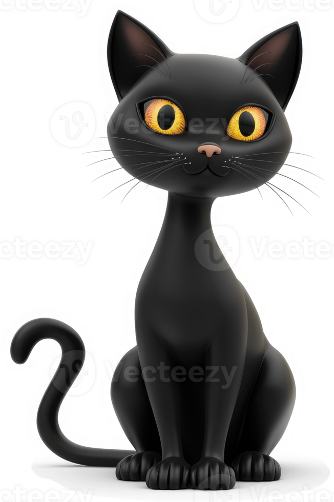 Cartoon black cat with large, yellow eyes. png