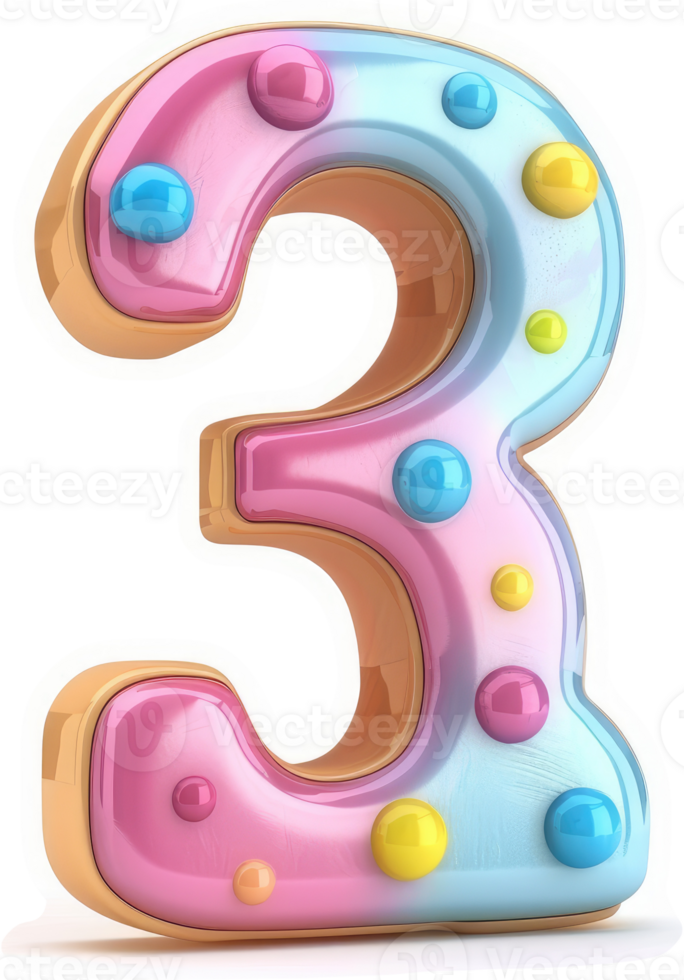Colorful glazed number three with sprinkles. png