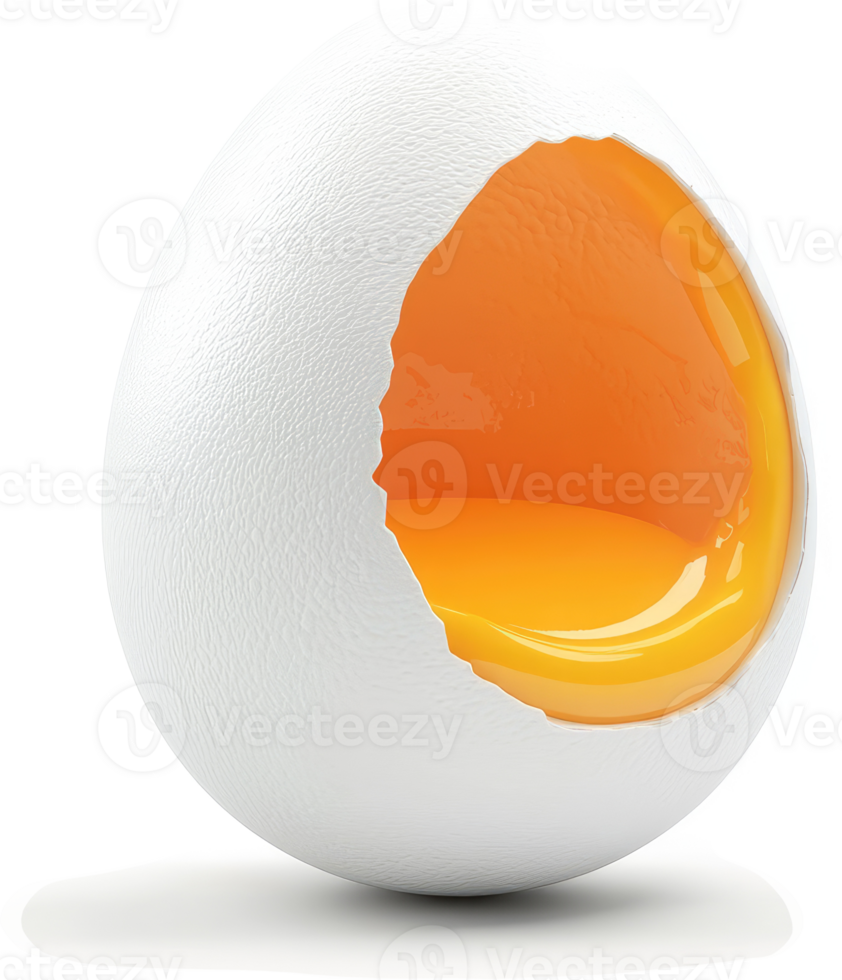 Fresh egg with yolk spilling from a cracked shell. png