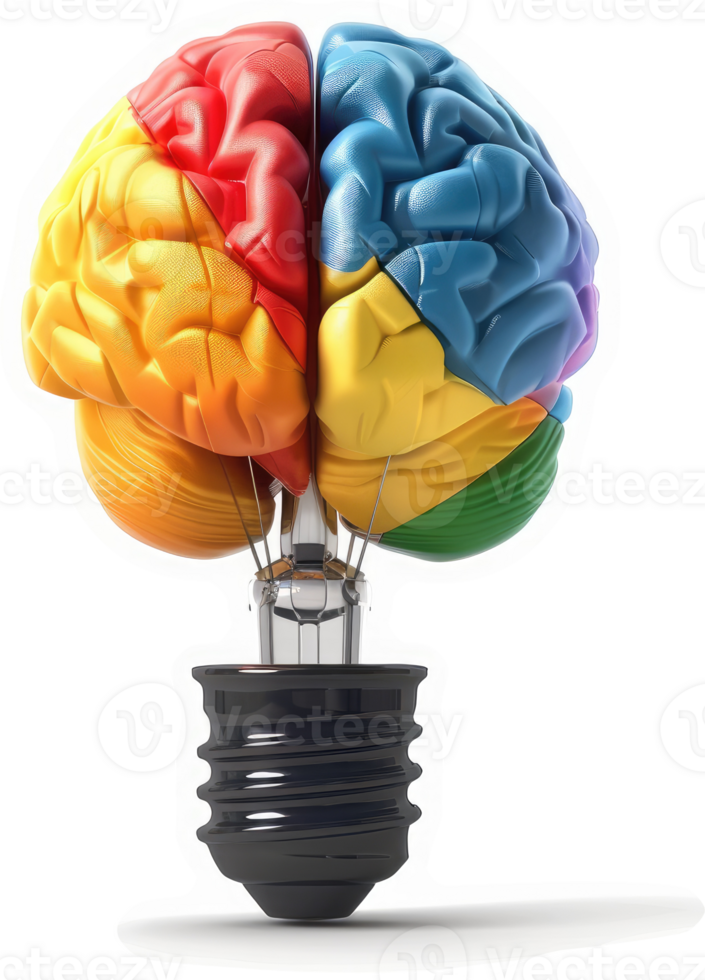 Colorful brain-shaped lightbulb symbolizes innovative thinking. png