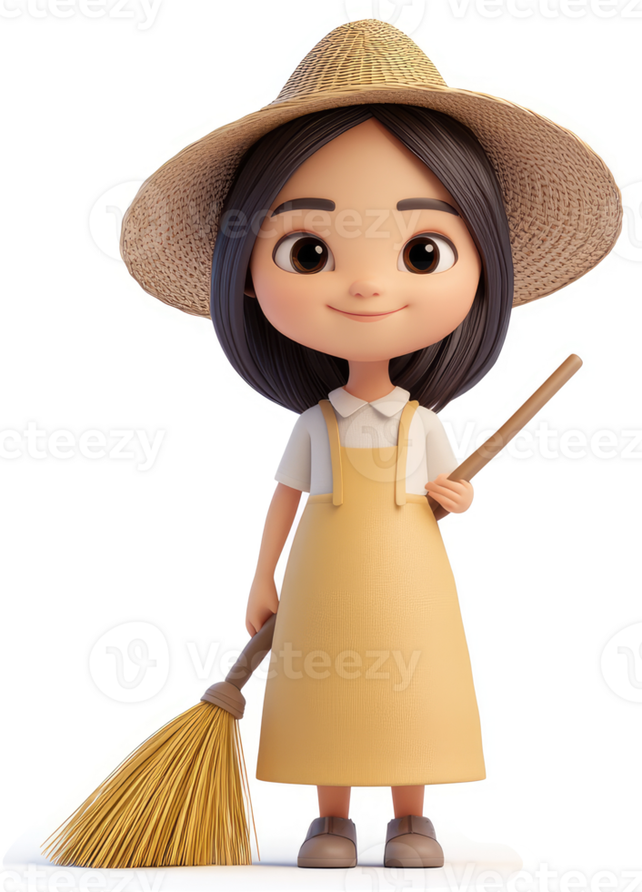 Smiling young girl in a straw hat and apron, holding a broom. png