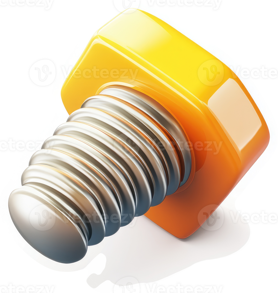 Bright yellow nut and silver screw in 3D rendering. png