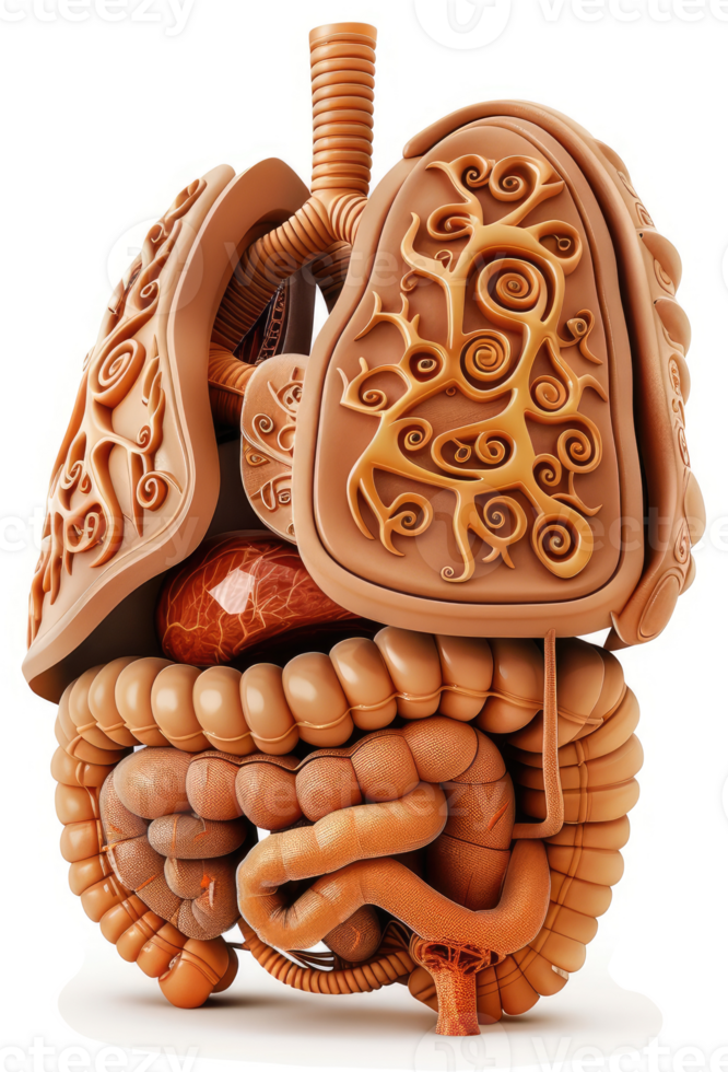 Ornate anatomical representation of the human respiratory and digestive systems. png