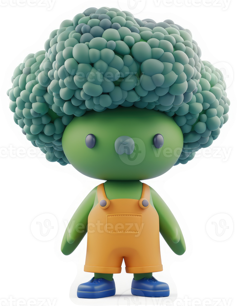 Playful broccoli-themed character in overalls. png