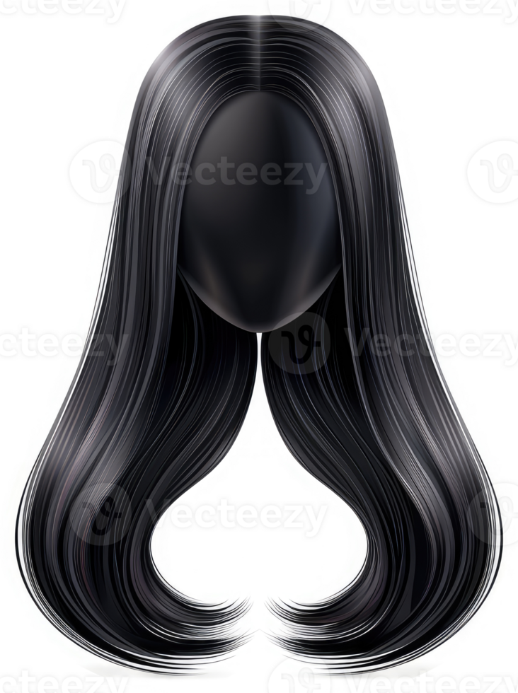 Glossy, black, long layered wig on a mannequin head. png
