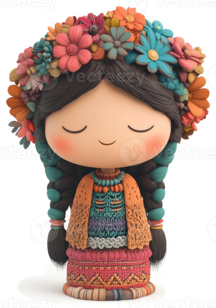 Smiling, floral-crowned doll, embodying traditional artistry. png