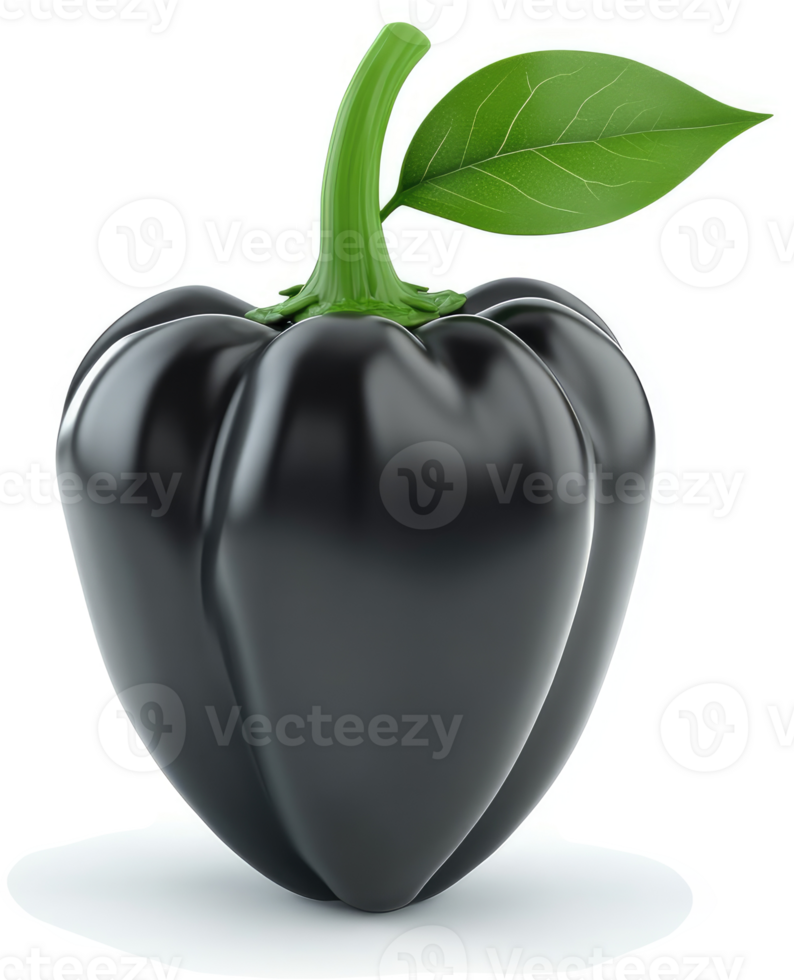 A glossy, deep black bell pepper with a leaf. png