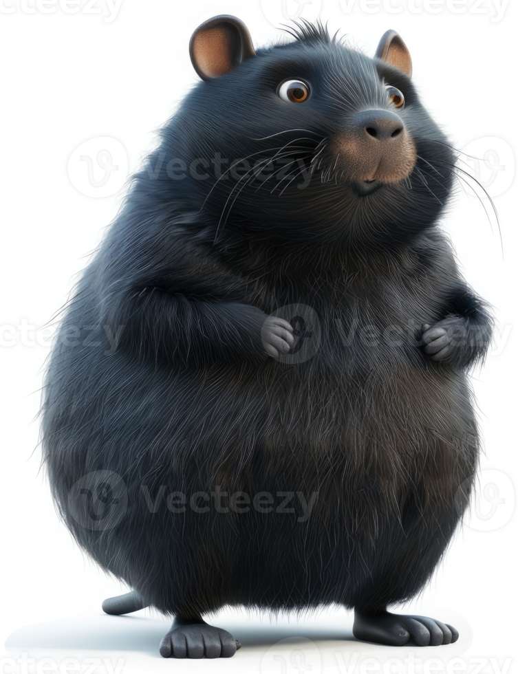 A plump, cartoon black rodent stands alert. png