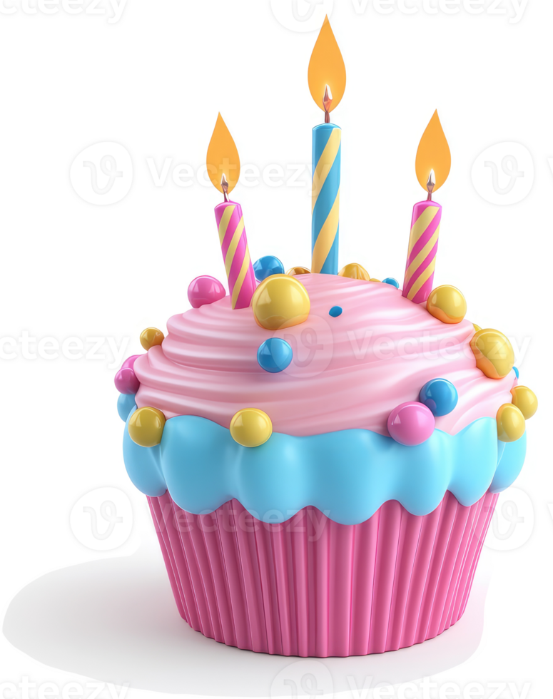 Festive pink cupcake with colorful frosting and candles. png