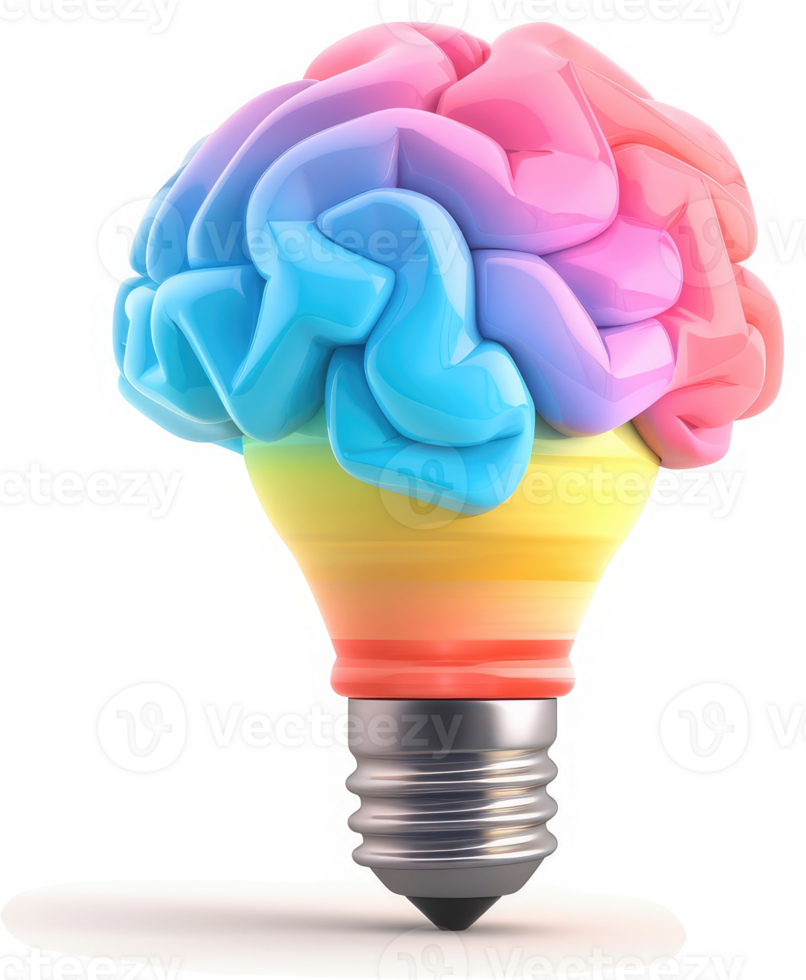 Colorful brain shaped lightbulb symbolizes creative ideas. png