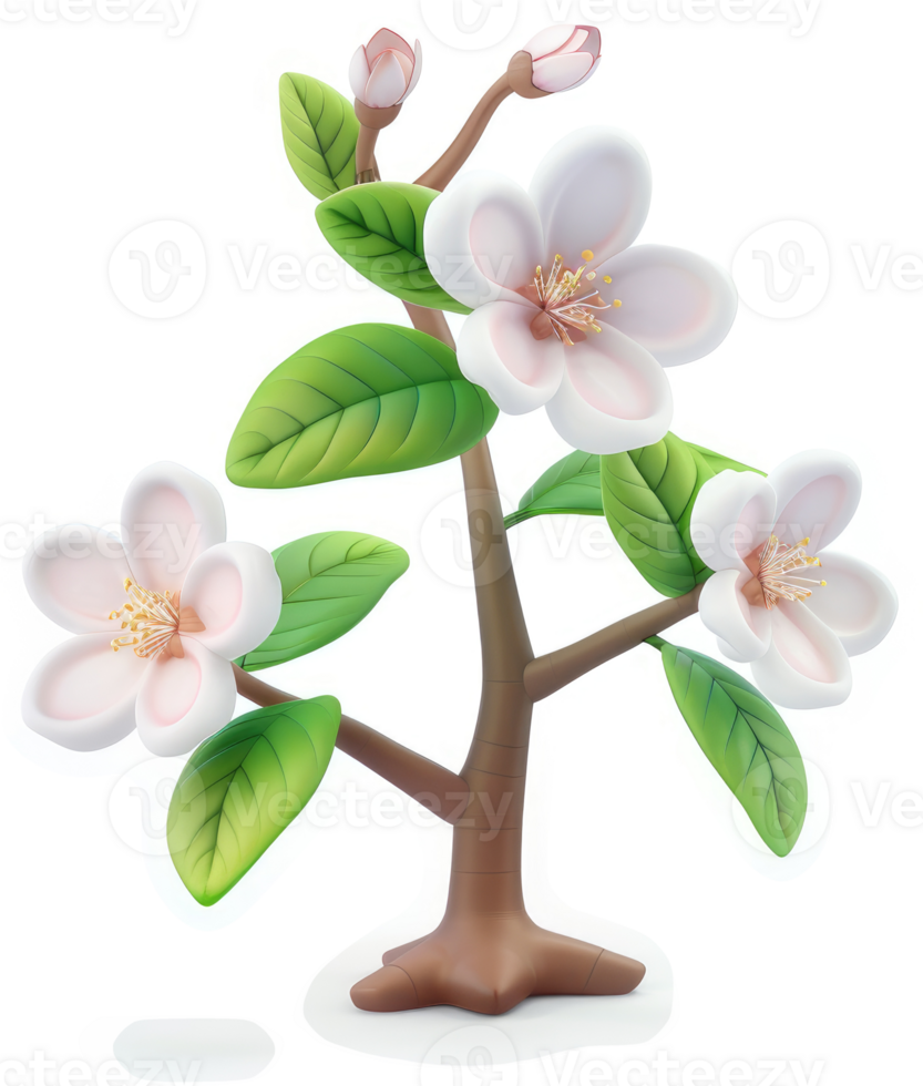 Three delicate blossoms grace a stylized spring branch. png