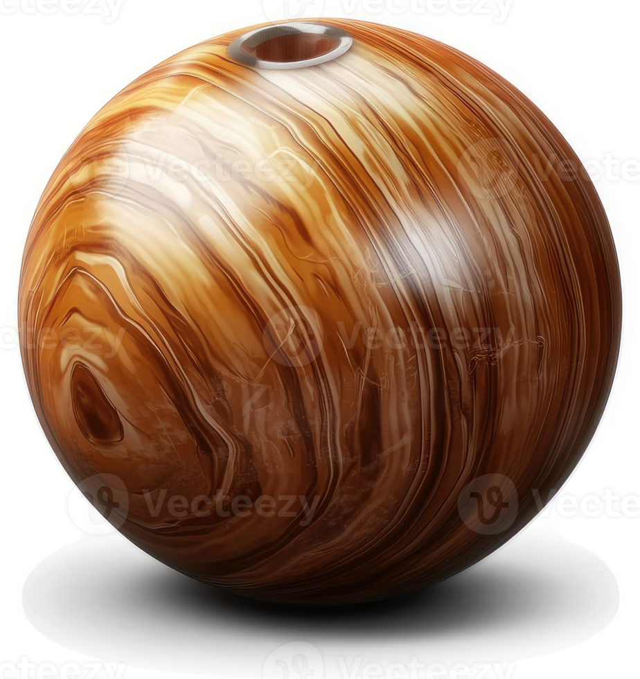 Ornate, spherical bowling ball showcasing a wood grain design. png