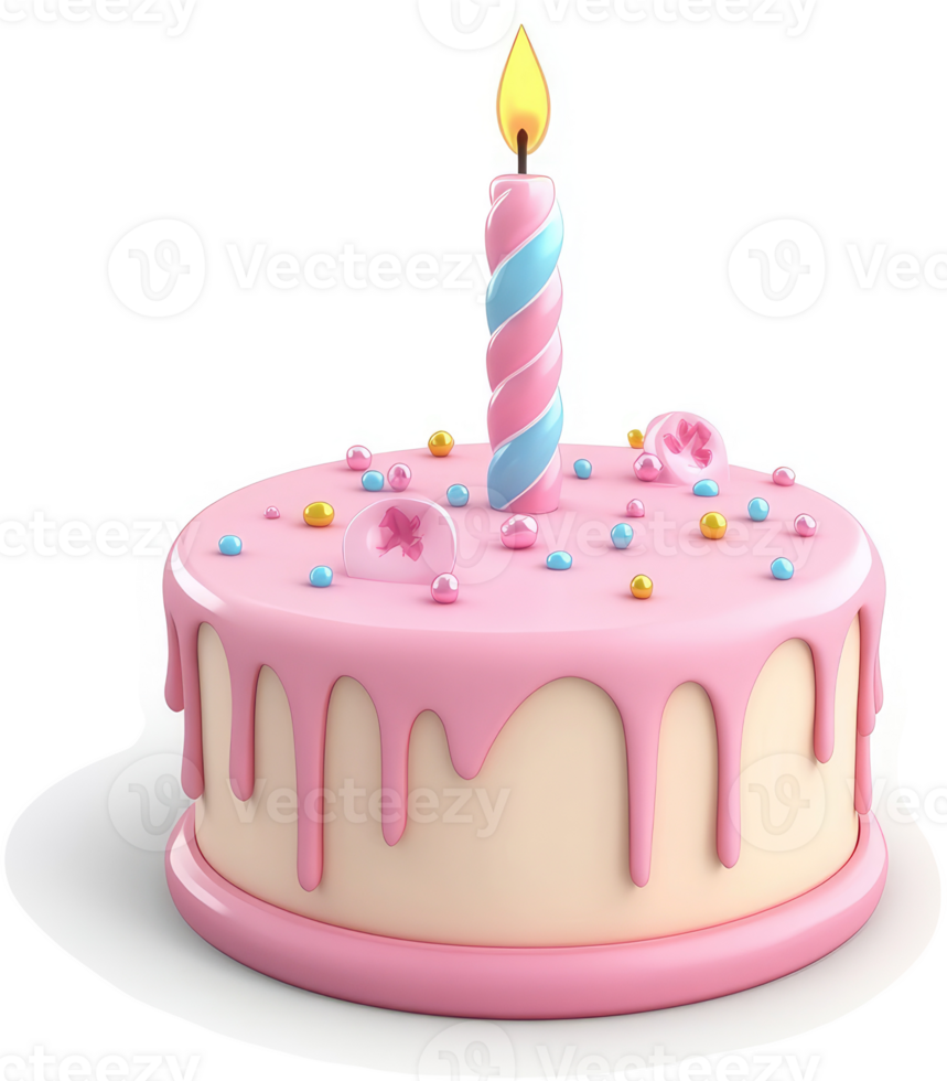 Pink birthday cake with a single candle. png