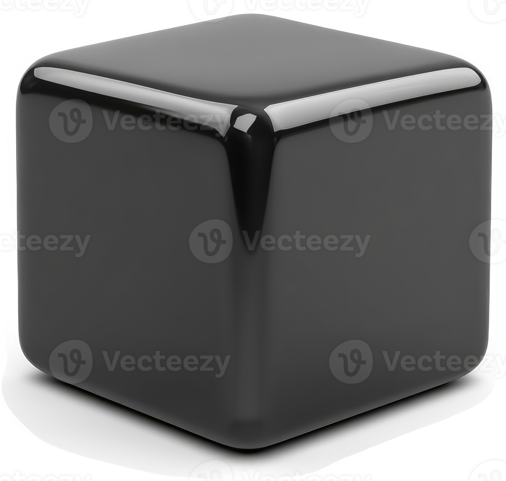Polished black cube, highlighted by its smooth surface. png