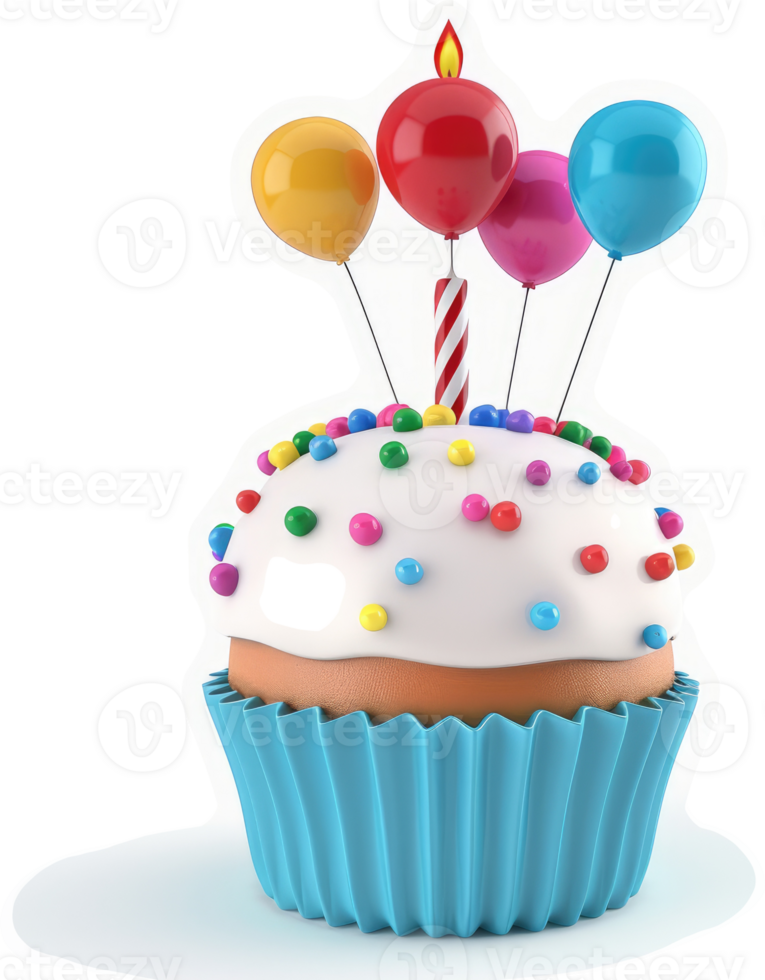 Colorful cupcake with balloons and candle, perfect for a celebration. png