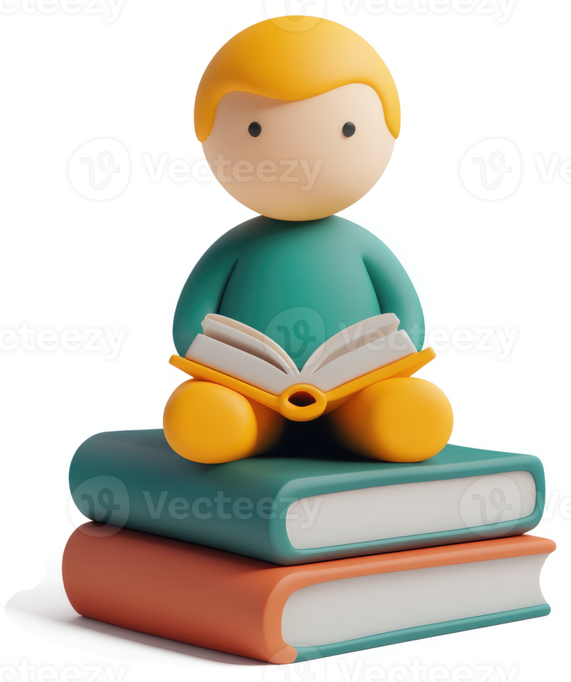 Smiling child sits atop stacked books, engrossed in reading. png