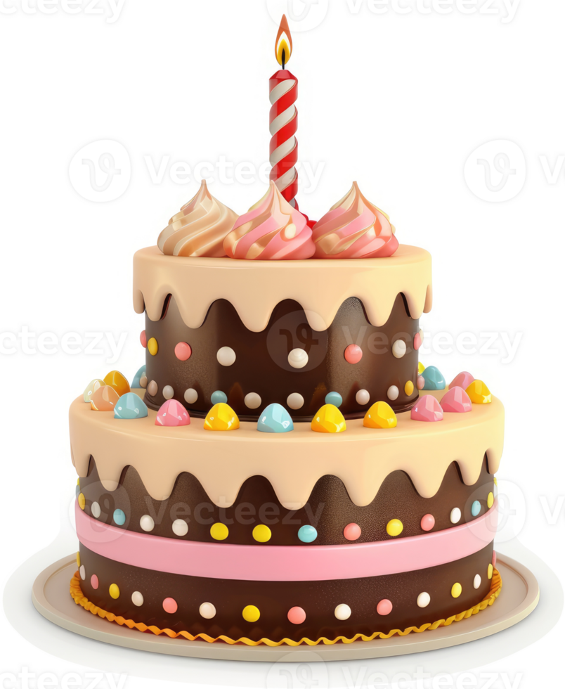 Colorful two-tiered birthday cake with decorations. png