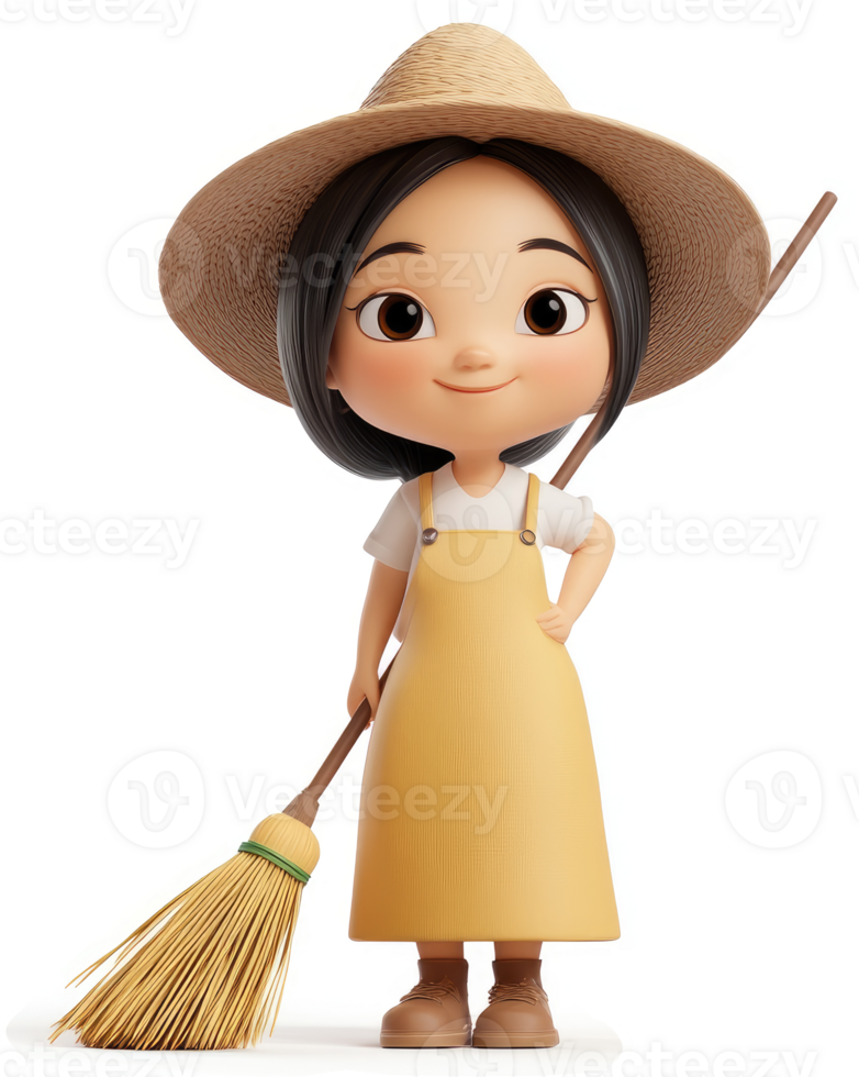 Smiling young girl in a straw hat and apron, holding a broom png