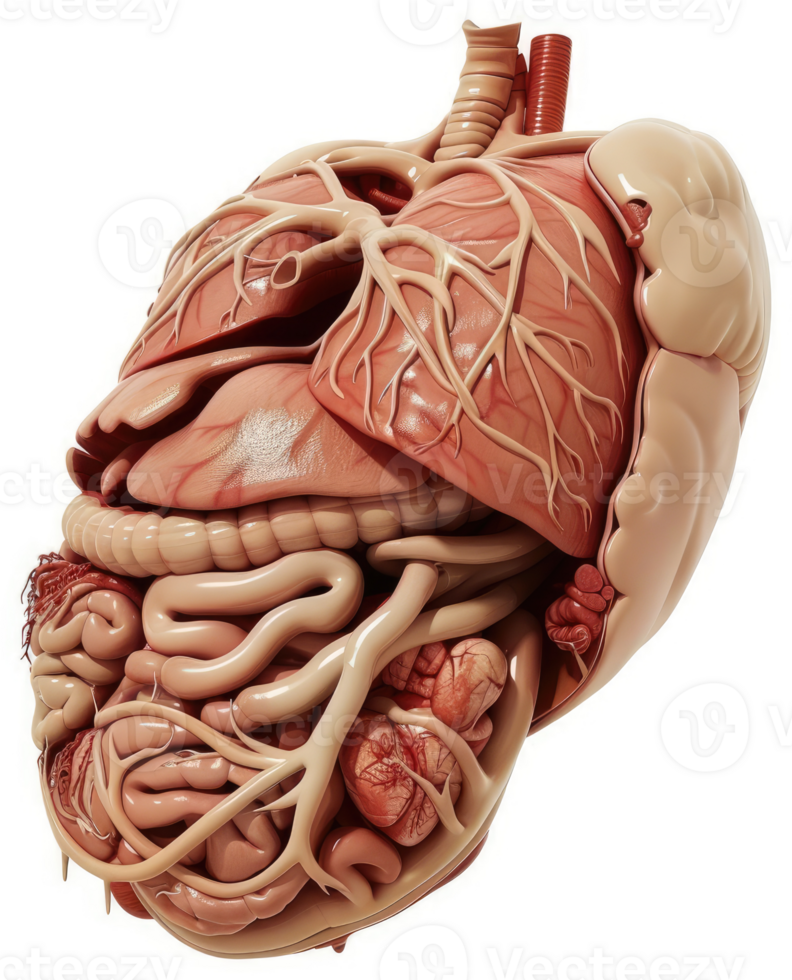 Detailed anatomical illustration of the human torso's internal organs. png