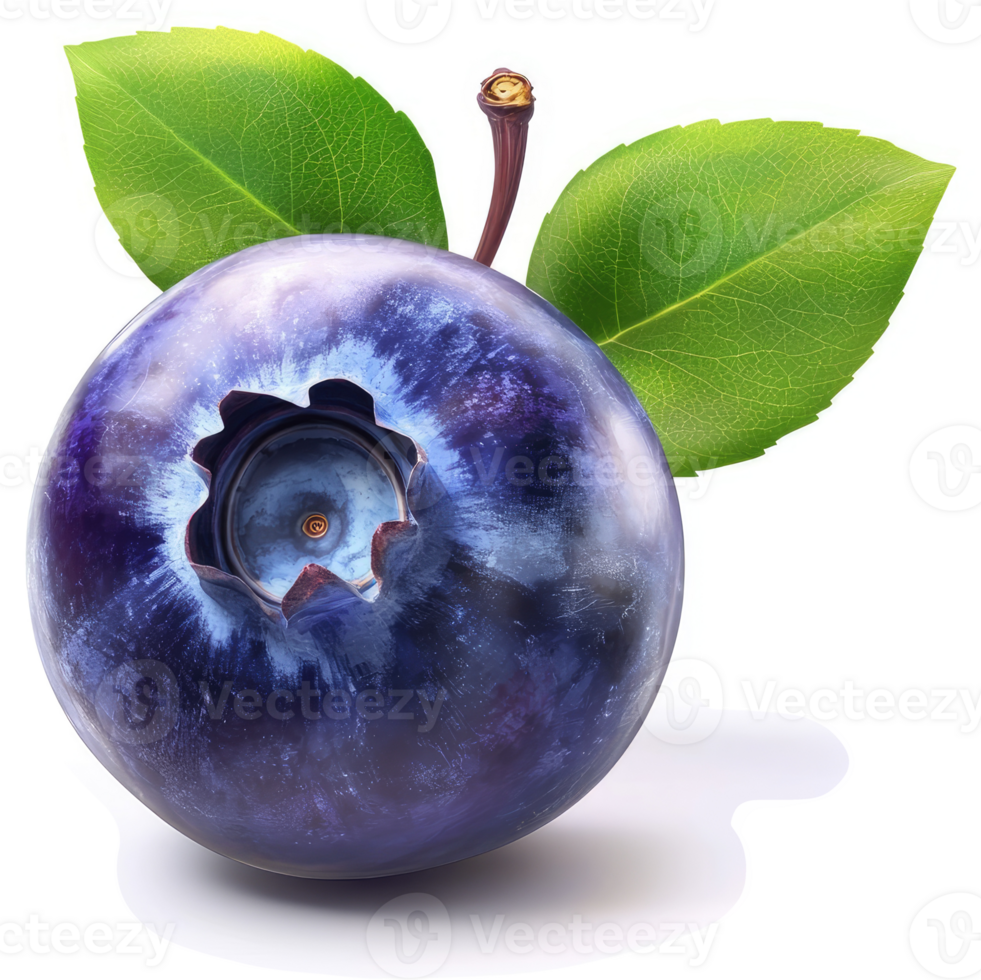 Single, plump blueberry with leaves, displayed against a white background. png