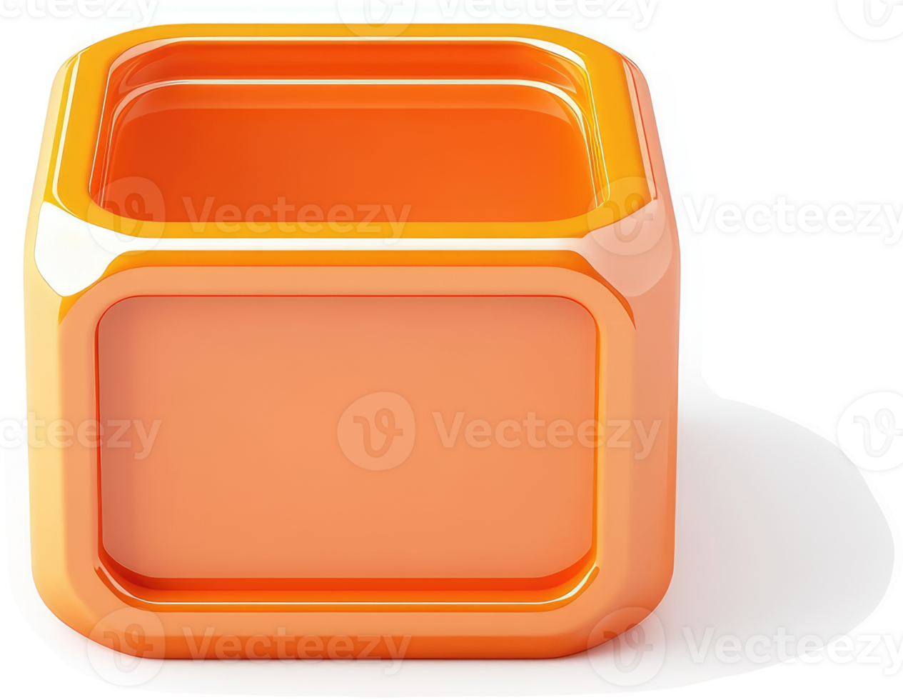 Empty, glossy, orange cube container with recessed sides. png