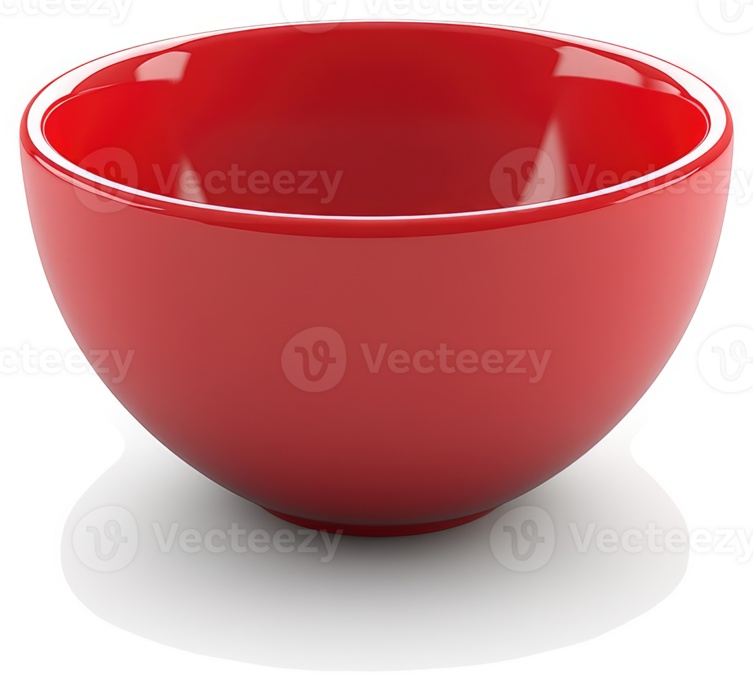 Empty red ceramic bowl on a reflective surface. png
