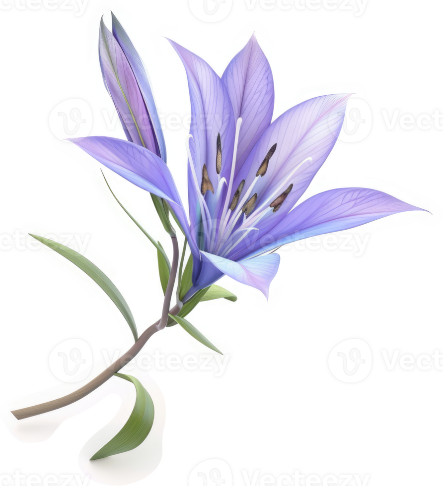 Delicate lavender lily blossom highlights stem and leaves. png