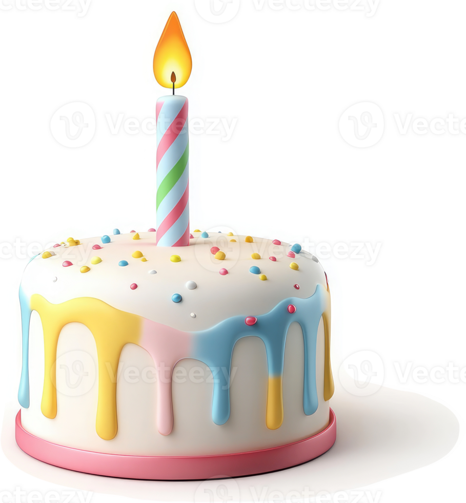 Colorful birthday cake with a single candle. png