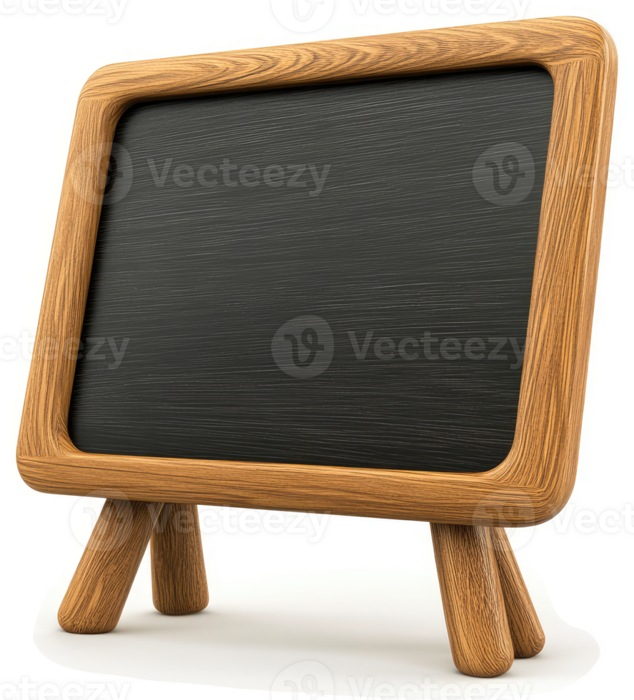 Empty wooden framed chalkboard stands on a display. png