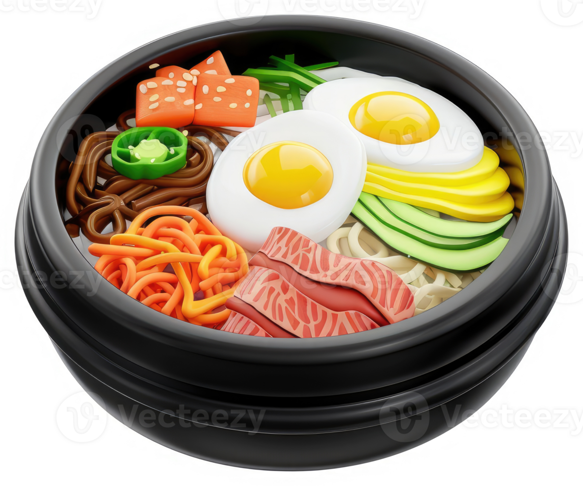 Colorful, layered korean bowl features protein, vegetables, and noodles. png