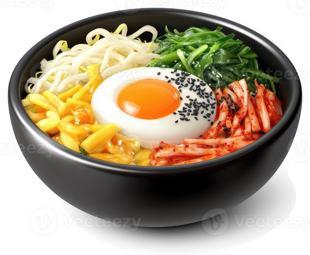 Vibrant Korean Bibimbap bowl with colorful vegetables and egg. png