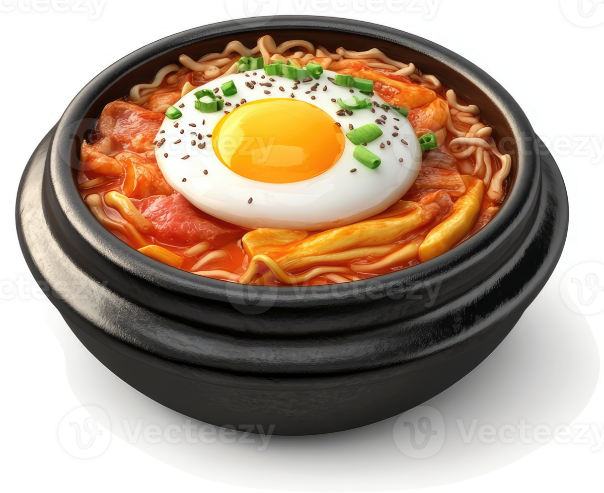 Spicy ramen with bacon and egg in a traditional pot. png