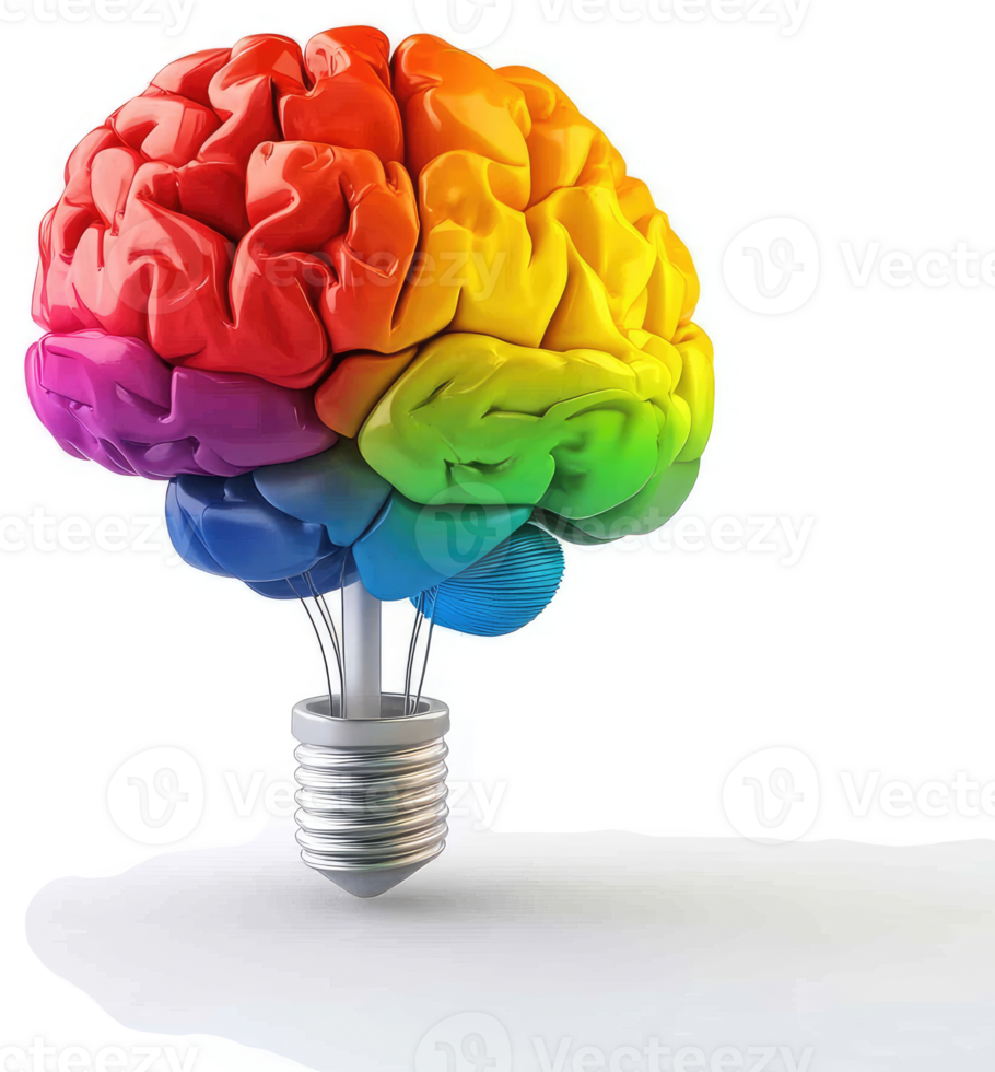 Colorful brain shaped lightbulb, symbolizing creativity and innovative thinking. png