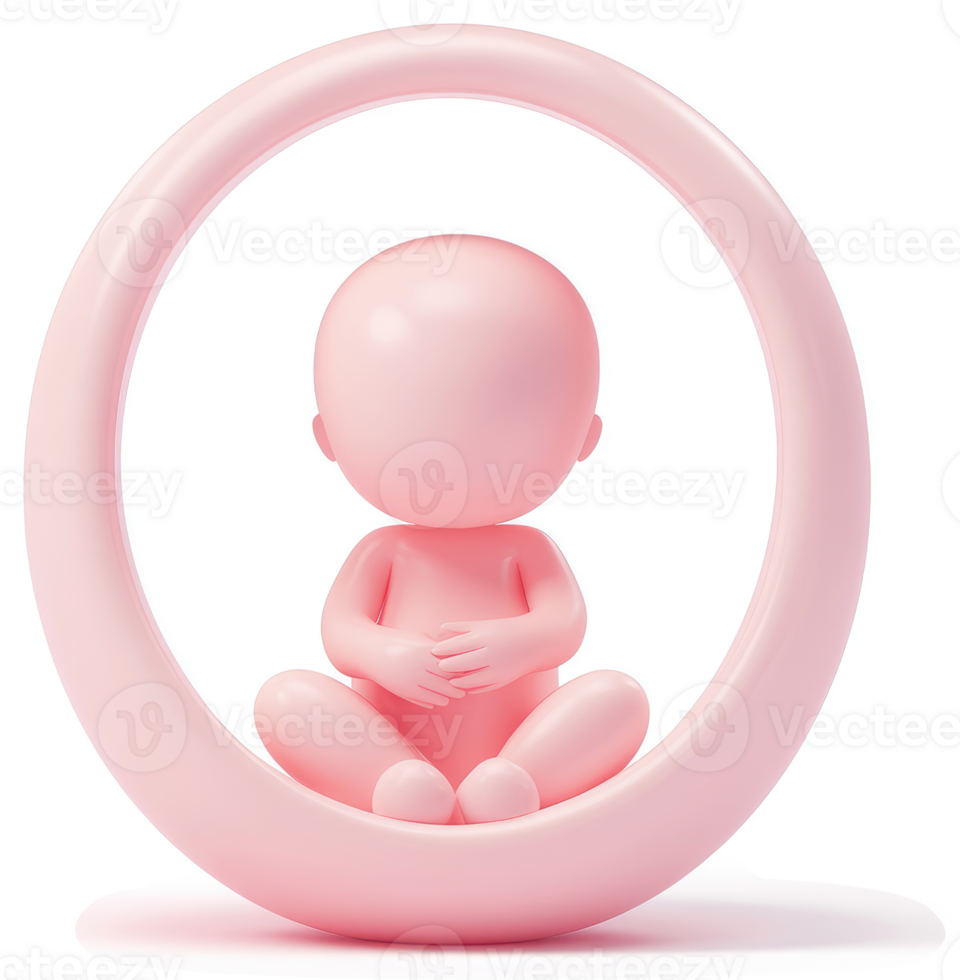 Pink figure seated within a circular frame, symbolizing containment. png