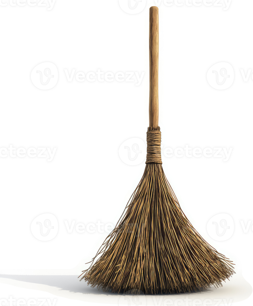 A rustic straw broom stands tall and ready for use. png