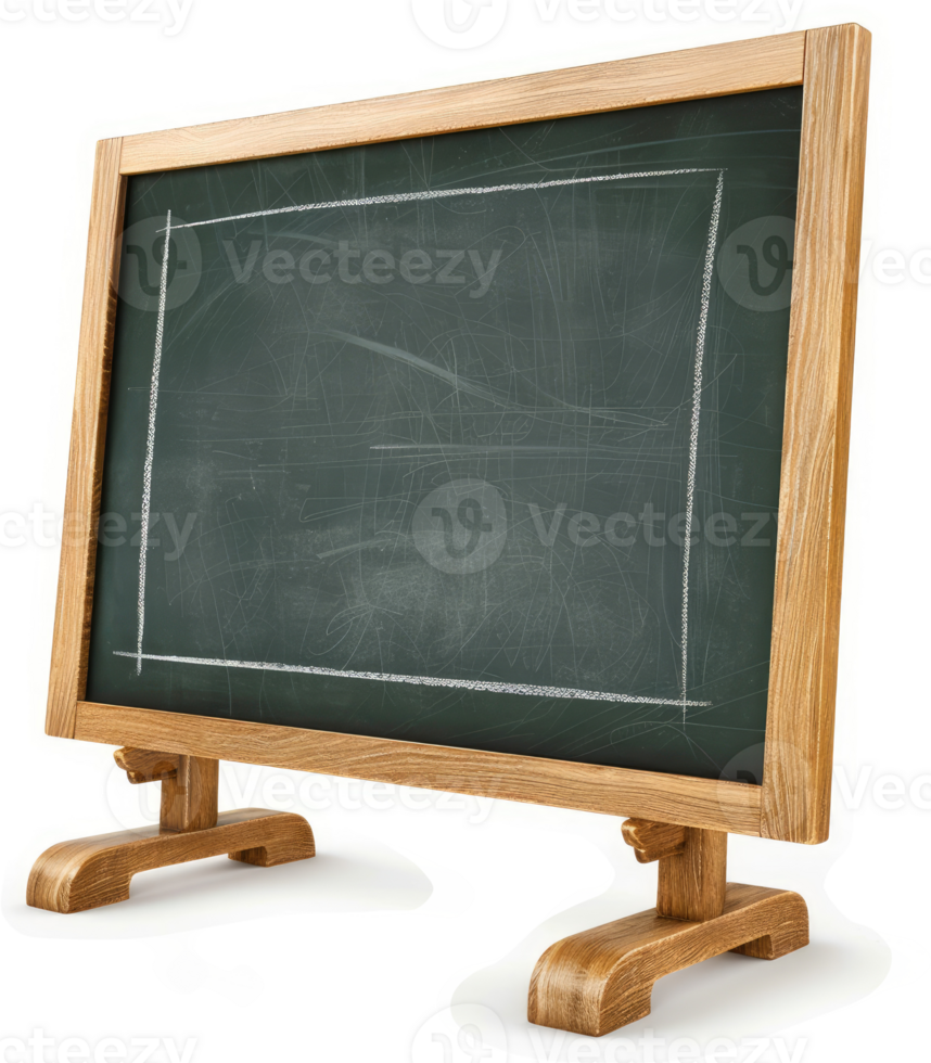 Empty wooden-framed chalkboard stands upright. png