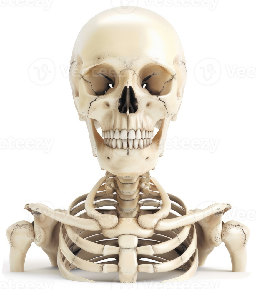 Human skull and upper rib cage anatomical model. png