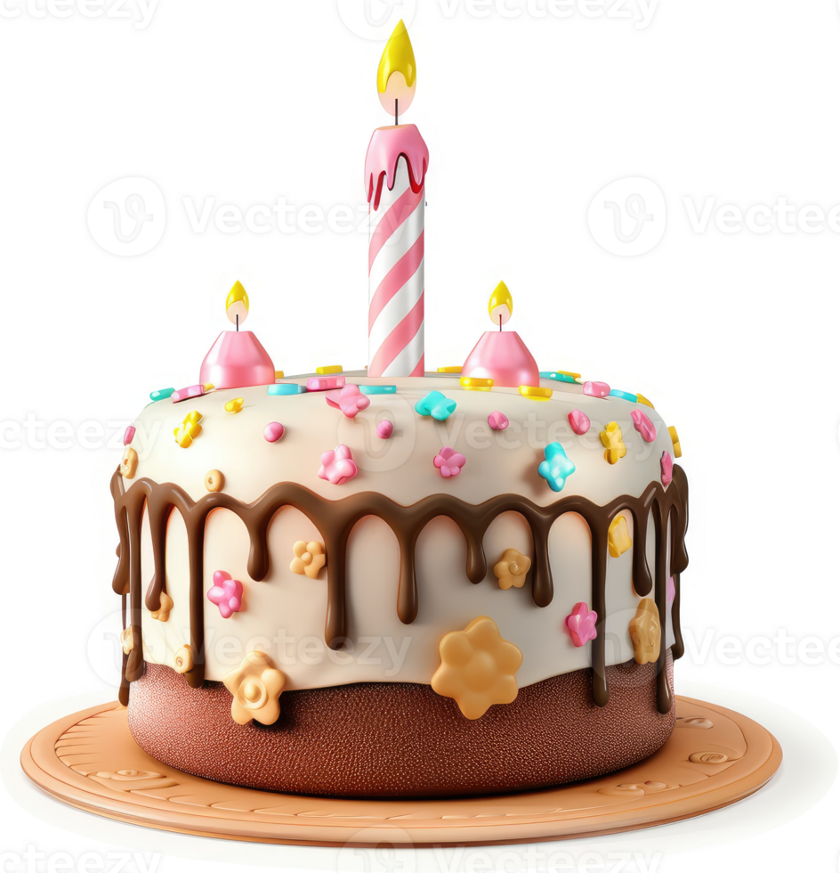 Colorful birthday cake with candles and frosting. png